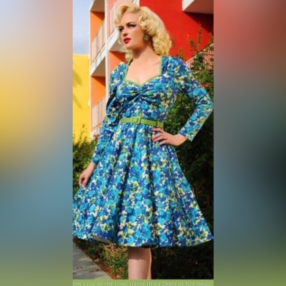 Pinup Couture Blue Floral Long Sleeve Fit & Flare Dress